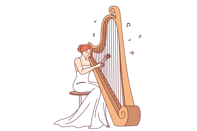 Woman plays large harp performing at symphony concert or classical music festival  Illustration