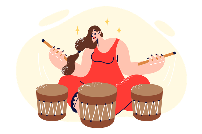 Woman plays traditional african drums enjoying rhythmic music that induces meditative state  일러스트레이션
