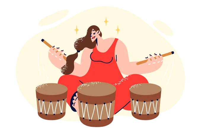 Woman plays traditional african drums enjoying rhythmic music that induces meditative state  일러스트레이션