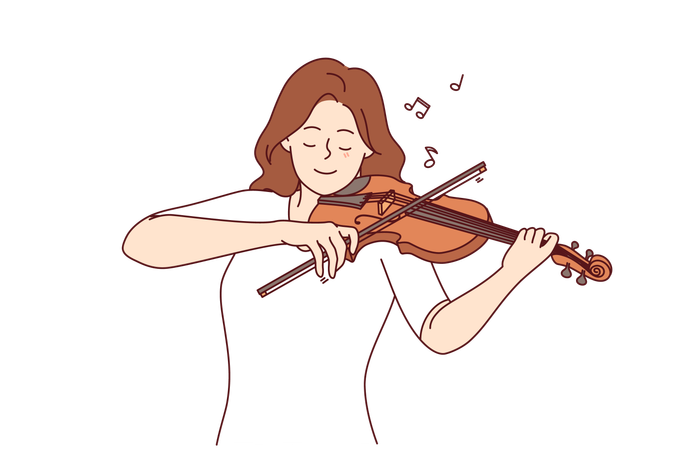 Woman plays violin enjoying performance of melody and moving bow along strings musical instrument  Illustration