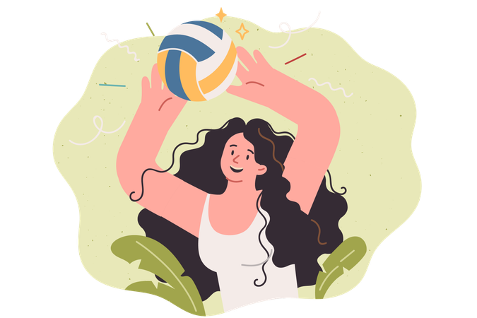 Woman plays volleyball by tossing ball and trying to score goal for opposing team  Illustration