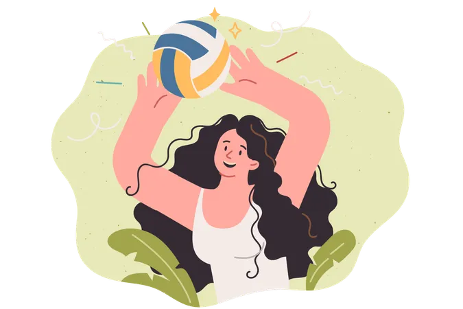 Woman plays volleyball by tossing ball and trying to score goal for opposing team  Illustration