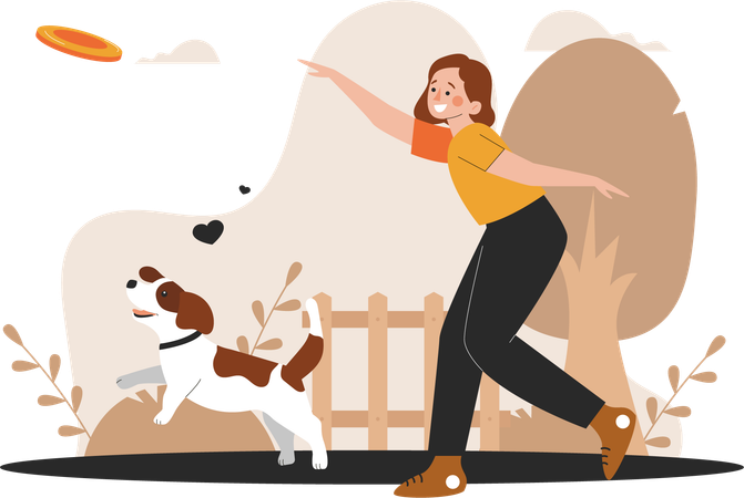 Woman plays with dog in park  Illustration