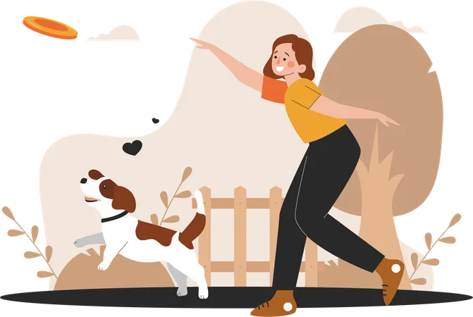 Woman plays with dog in park  Illustration