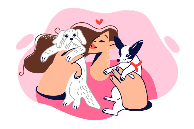 Woman plays with two puppies  Illustration