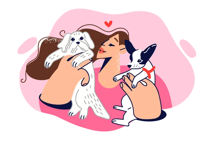 Woman Plays With Two Puppies Showing Love And Care For Small Dogs Adopted From Shelter Girl Holds Puppies Calling For Attention To Problem Of Homeless Pets In Need Of Guardians Illustration