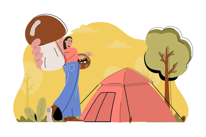 Camping Holiday Concept Woman Resting With Tent In Forest Picking Mushrooms Situation Outdoor Activities People Scene Vector Illustration With Flat Character Design For Website And Mobile Site Illustration