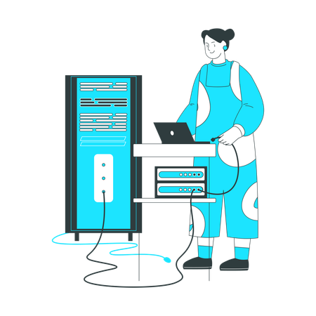 Woman plugs her laptop into the server  Illustration