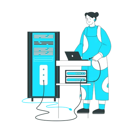 Woman plugs her laptop into the server  Illustration