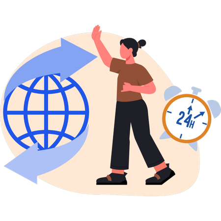 Woman pointing 24 hours online customer service  Illustration