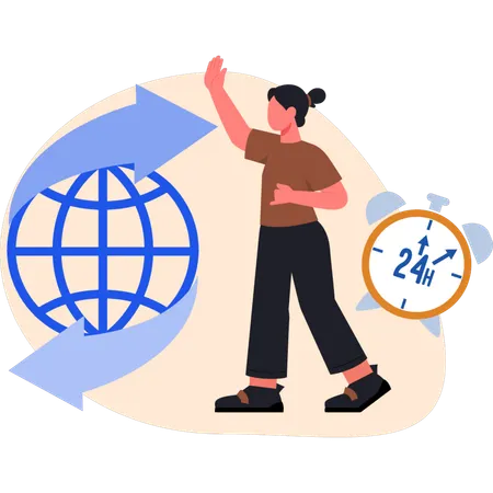 Woman pointing 24 hours online customer service  Illustration