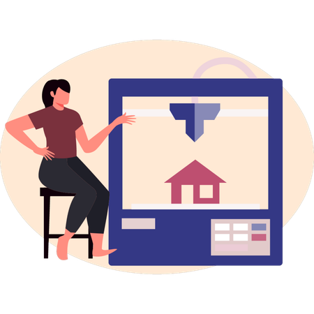 Woman pointing 3D printing house  Illustration