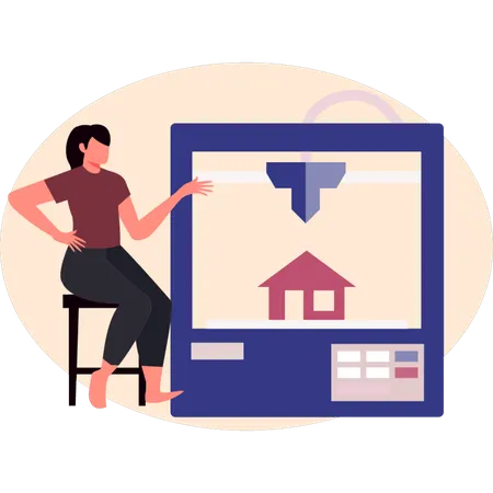 Woman pointing 3D printing house  Illustration