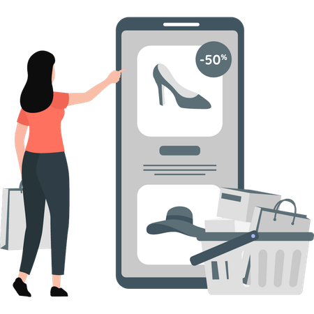 Woman pointing 50 percentage off online shopping  Illustration