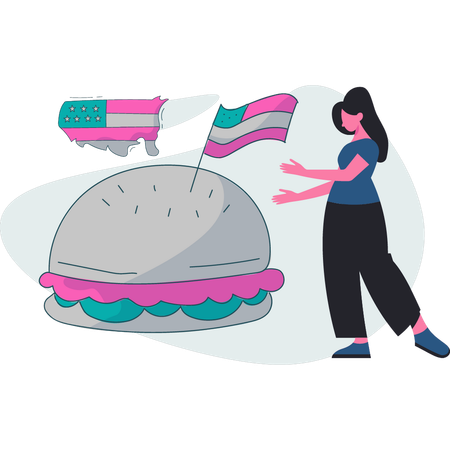 Woman pointing American food  Illustration