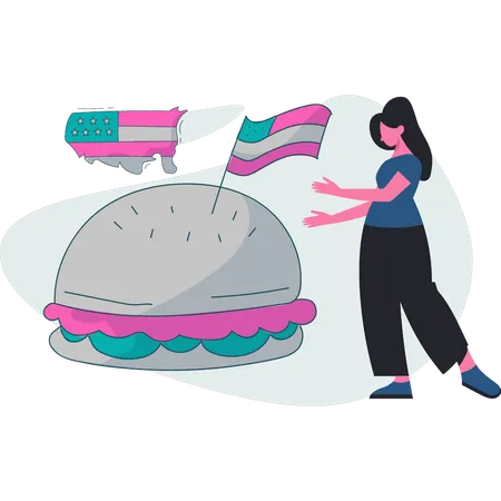 Woman pointing American food  Illustration