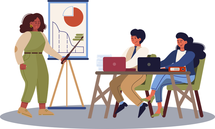 Woman pointing analysis data of business using stick  일러스트레이션
