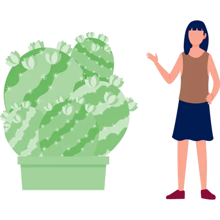 Woman pointing Astrophytum plant  Illustration