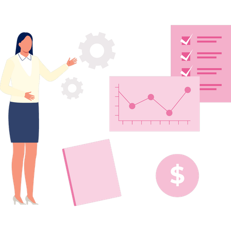 Woman pointing at analytic graphs  Illustration