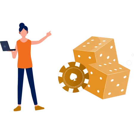 Woman pointing at dice  Illustration