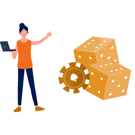 Woman pointing at dice  Illustration