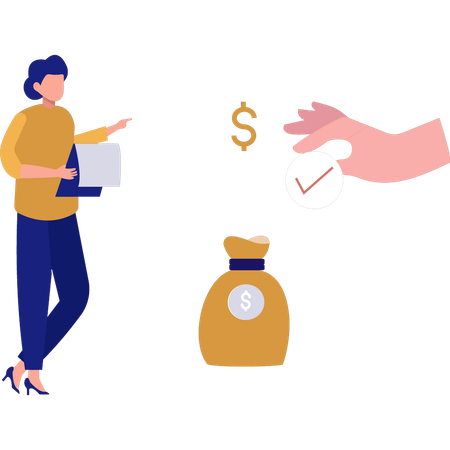 Woman pointing at dollar bag  Illustration