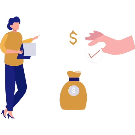 Woman pointing at dollar bag  Illustration