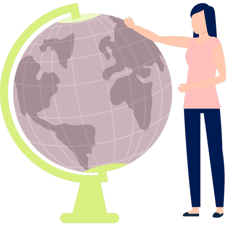 Woman pointing at global world  일러스트레이션