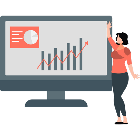 Woman pointing at growing graph on monitor  Illustration