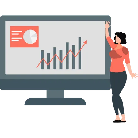 Woman pointing at growing graph on monitor  Illustration