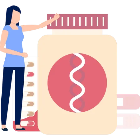 The Girl Is Pointing At The Jar Of Pills Illustration