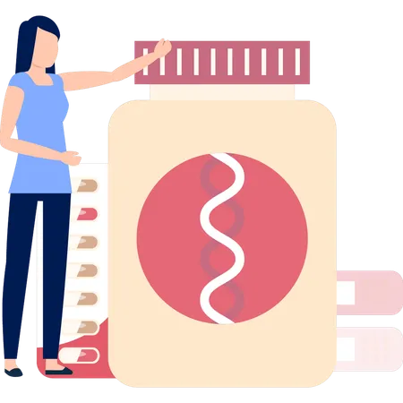 Woman Pointing At Jar Of Pills  Illustration