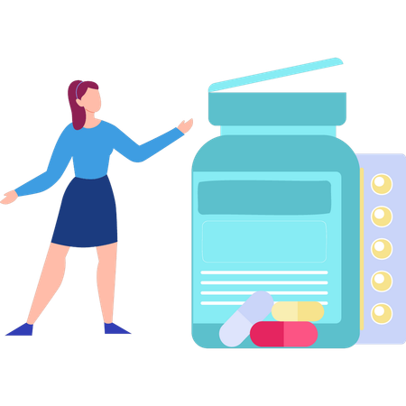 Woman pointing at medicine bottle  イラスト