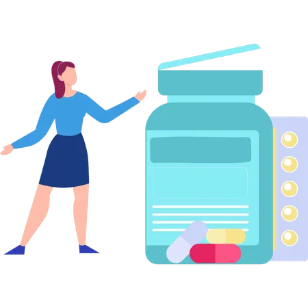 Woman pointing at medicine bottle  イラスト