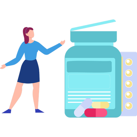 Woman pointing at medicine bottle  Illustration