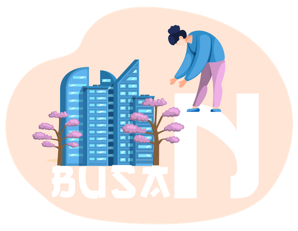 Woman pointing at national korean tree next to skyscraper  Illustration