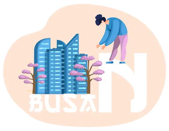 Woman pointing at national korean tree next to skyscraper Illustration