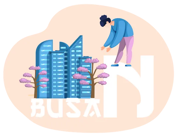 Woman pointing at national korean tree next to skyscraper  Illustration