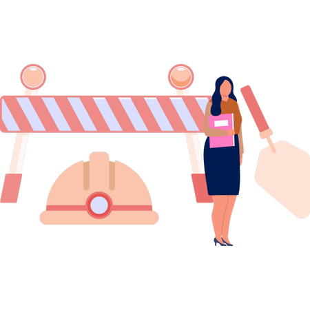 Woman pointing at road construction tools  Illustration