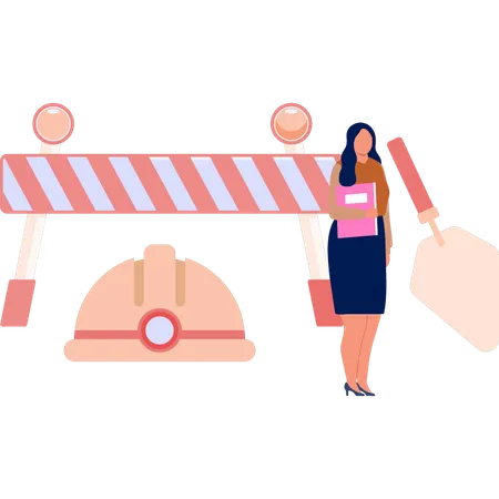 Woman pointing at road construction tools  Illustration