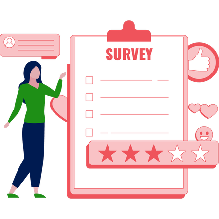 Woman pointing at survey rating and feedback  Illustration