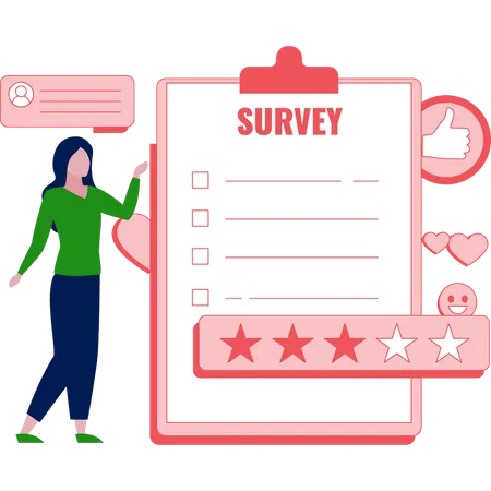 Woman pointing at survey rating and feedback  Illustration