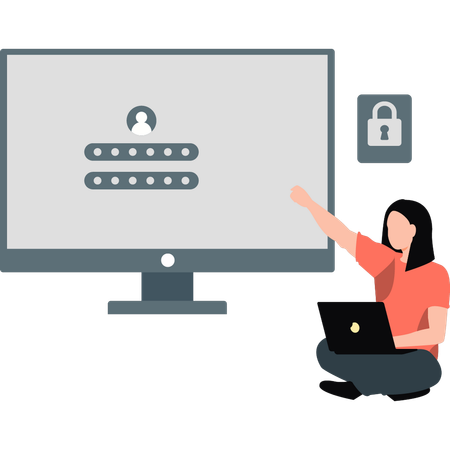 Woman pointing at user lock on monitor  Illustration