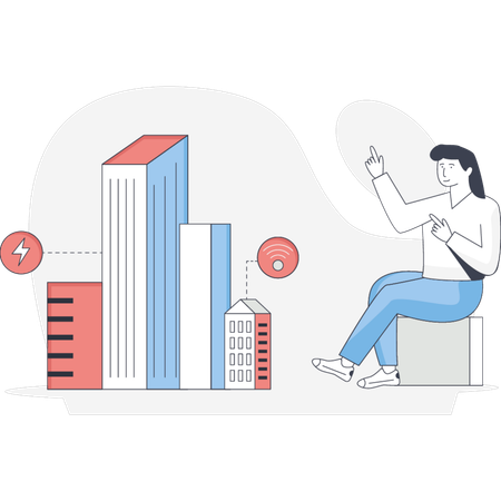 建物を指差す女性  イラスト