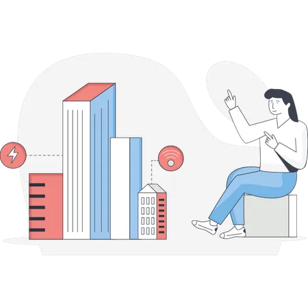 建物を指差す女性  イラスト