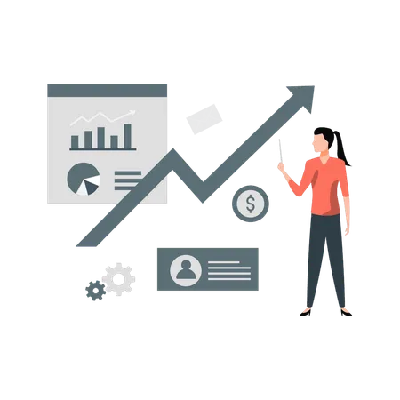 Woman pointing business graph growth  Illustration