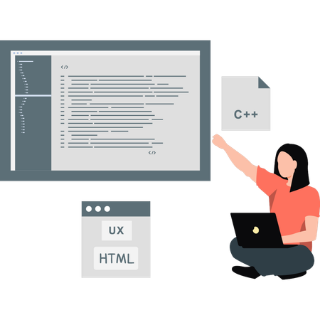 Woman pointing C++ programming  Illustration