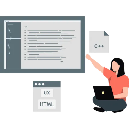 Woman pointing C++ programming  Illustration