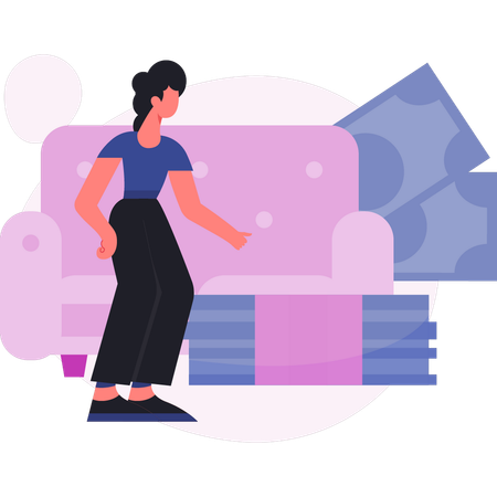 Woman pointing cash bundle  Illustration