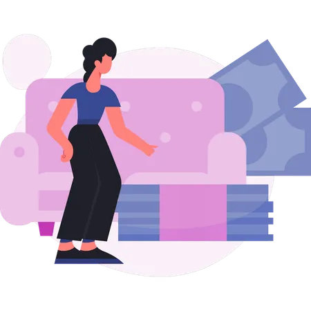 Woman pointing cash bundle  Illustration